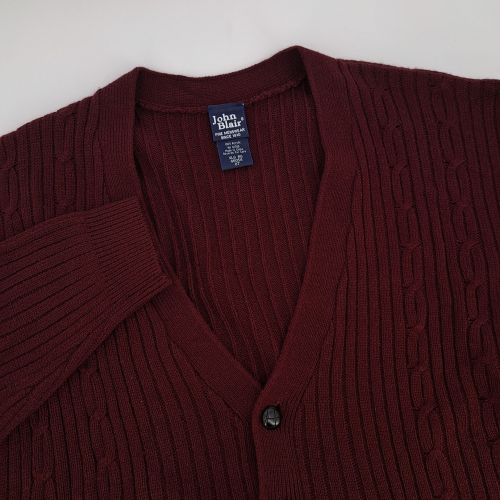 John Blair Cardigan Sweater Mens XL Acrylic Burgundy Red Cable Knit Grandpacore